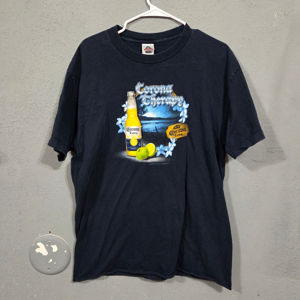 Mens Corona Therapy T Shirt Large Navy Blue Beer Graphic Tee 2006